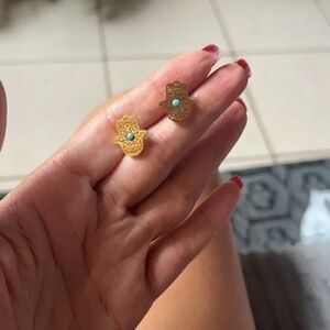 Gold Hamsa Hand Earrings with Turquoise Accent